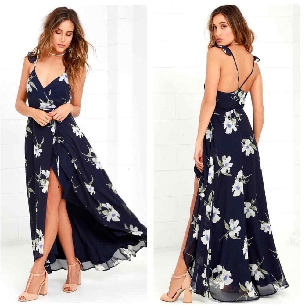 LULUS Wrap Dress All Mine Navy Blue Floral High Low S Small Long Formal Wedding